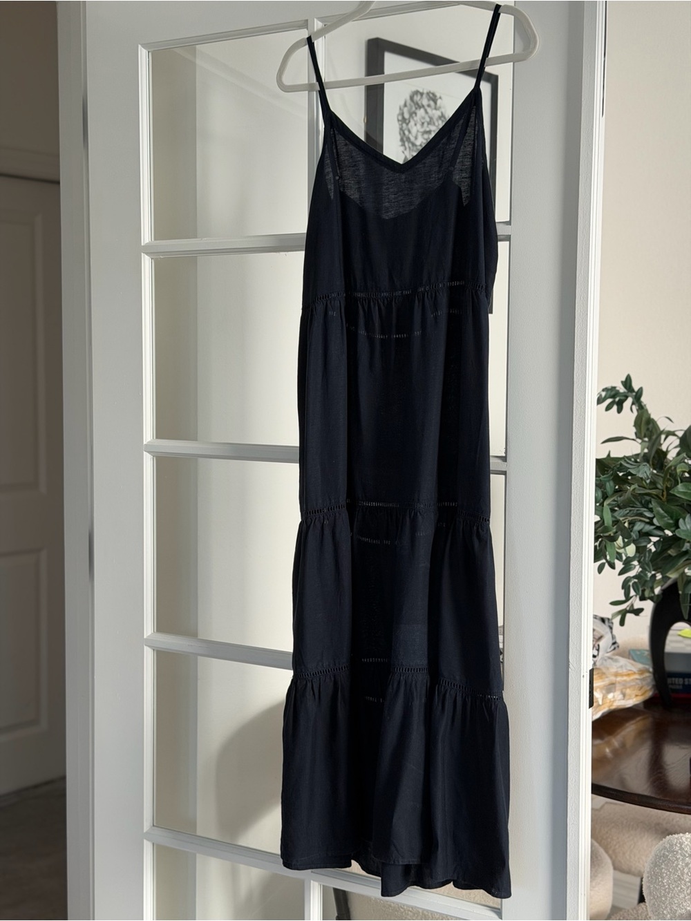 Splendid Linen Black Tiered Maxi Dress with Spaghetti Straps